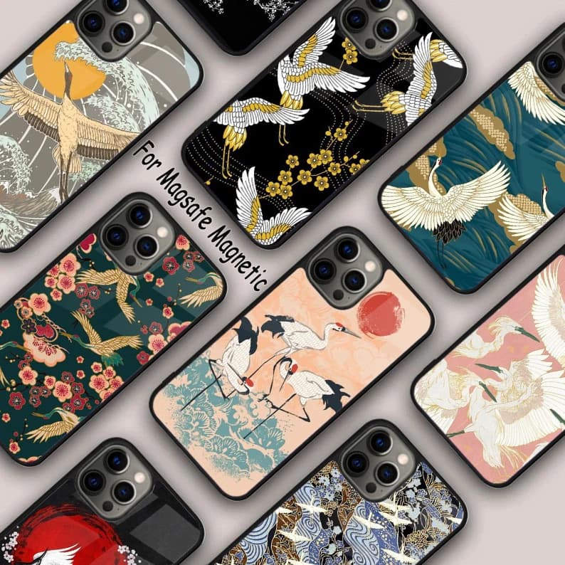FLYING CRANES SEA WAVES Japanese Art Magnetic Phone Case For APPLE iPhone 16 14 13 12 11 Pro Max 15 Plus With MagSafe Cover