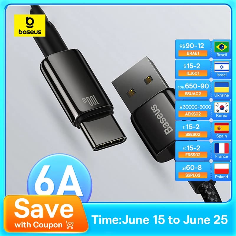 Baseus 100W USB Type C Cable For Samsung Pro Fast Charging Wire USB-C Charger Data Cord For Huawei P30 Realme Oneplus Poco F3