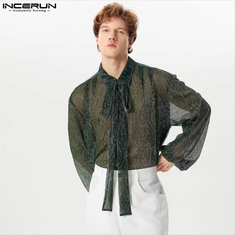 INCERUN 2024 Men's Shirt Patchwork Shiny Lapel Long Sleeve Lace Up Men Clothing Streetwear Transparent Party Fashion Camisas