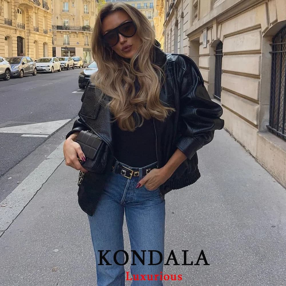 KONDALA Casual Chic Black Leather Jackets Women Long Sleeve Buttons Elastic Oversized Coats Fashion 2025 Fall Streetwear Coats