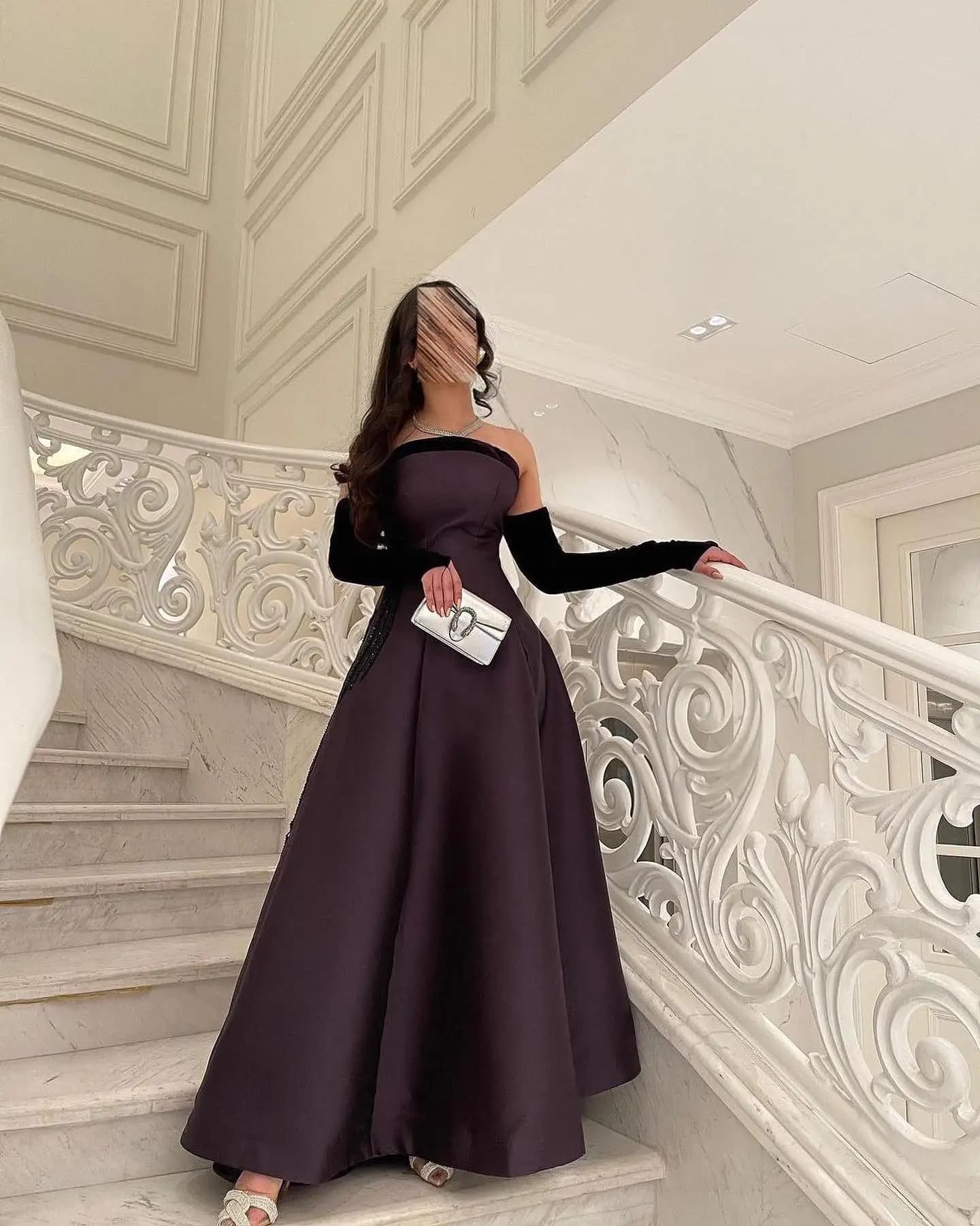 Customized Satin A-Line Detachable Sleeve Sequined Evening Dress Strapless Floor Length Panel Train Photo Color Exquisite