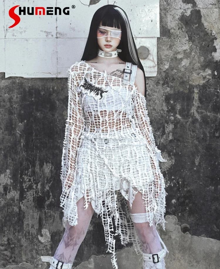 Original Punk Subculture Harajuku Aesthetic Knitted Ripped Pullover Hot Girl Streetwear Fashion White Bottom Knitted Pullover