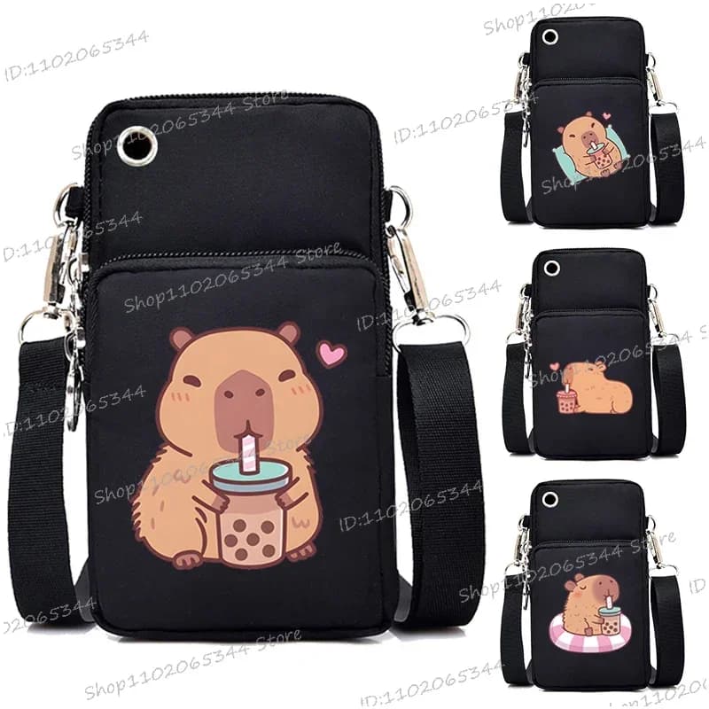 Capybara Bobo Tea Print Women Messenger Bag Hanging Neck Coin Purse Handbag Cartoon Fashion Mobile Phone Bag Small Crossbody Bag