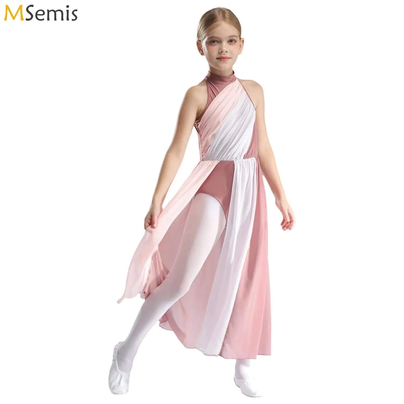 Kids Girl Lyrical Modern Dance Dress Asymmetric Split Ballet Gymnastics Leotard Figure Ice Skating Dancewear Performance Dresses