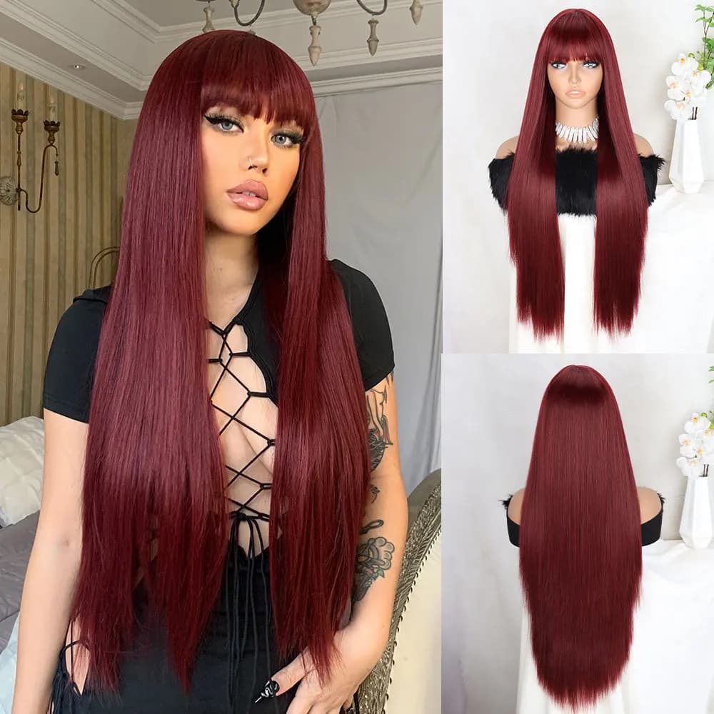 Long Wine Red Wigs with Bangs Straight Dark Red Hair Wig for Women Long Bangs wig Full Burgundy Cosplay Wig for Girls