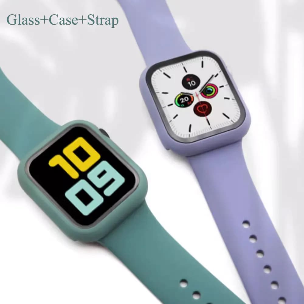 Glass+Case+Strap For Apple Watch band 44mm 45mm 42mm 41mm 40mm 38mm Silicone watchband bracelet iWatch series 8 9 7 6 5 4 3 SE