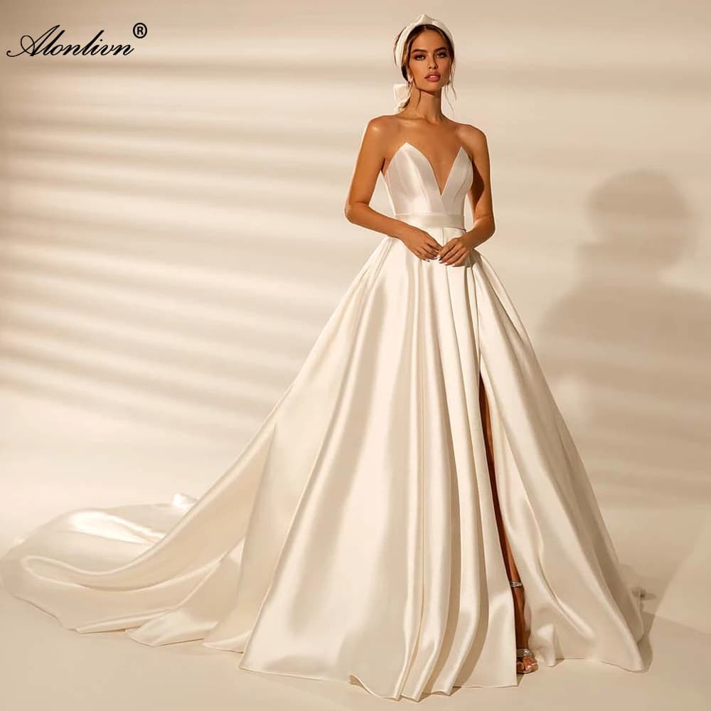 Alonlivn Sexy Split Ball Gown Wedding Dress Vestido De Noiva Off The Shoulder Pleats Bridal Skirts