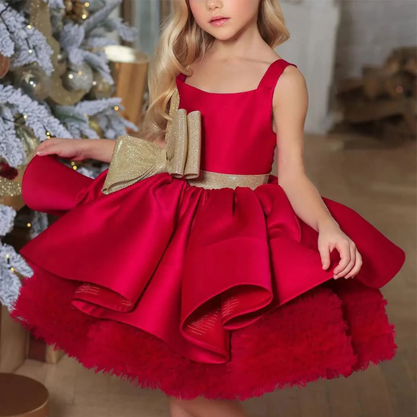 Jill Wish Red Christmas Satin Girl Dress Knee Length with Bow Square Collar Lilac Princess Baby Wedding Birthday Party Gown J285