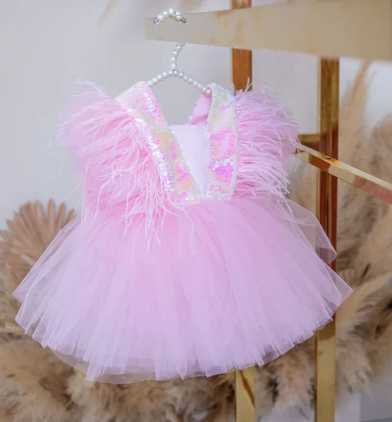 Pink Girls Party Dress Baby Toddler Dress With Feathers First Birthday Prom Dress Shinning Flower Girl Dress Big Bow