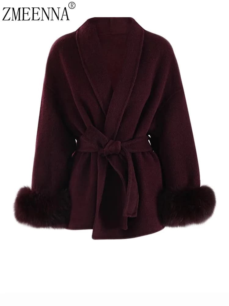 ZMEENNA Wine Red Fur Cuff Big Size Belted Woolen Coat New Lapel Long Sleeve Women Jacket Fashion Tide Autumn Winter 2024 ZM561