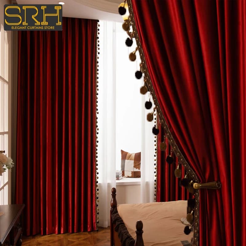 90% Shading Retro Luxury Wine Red Glossy Blackout Velvet Curtains for Living Room and Bedroom Window Decor Custom Wedding Fabric