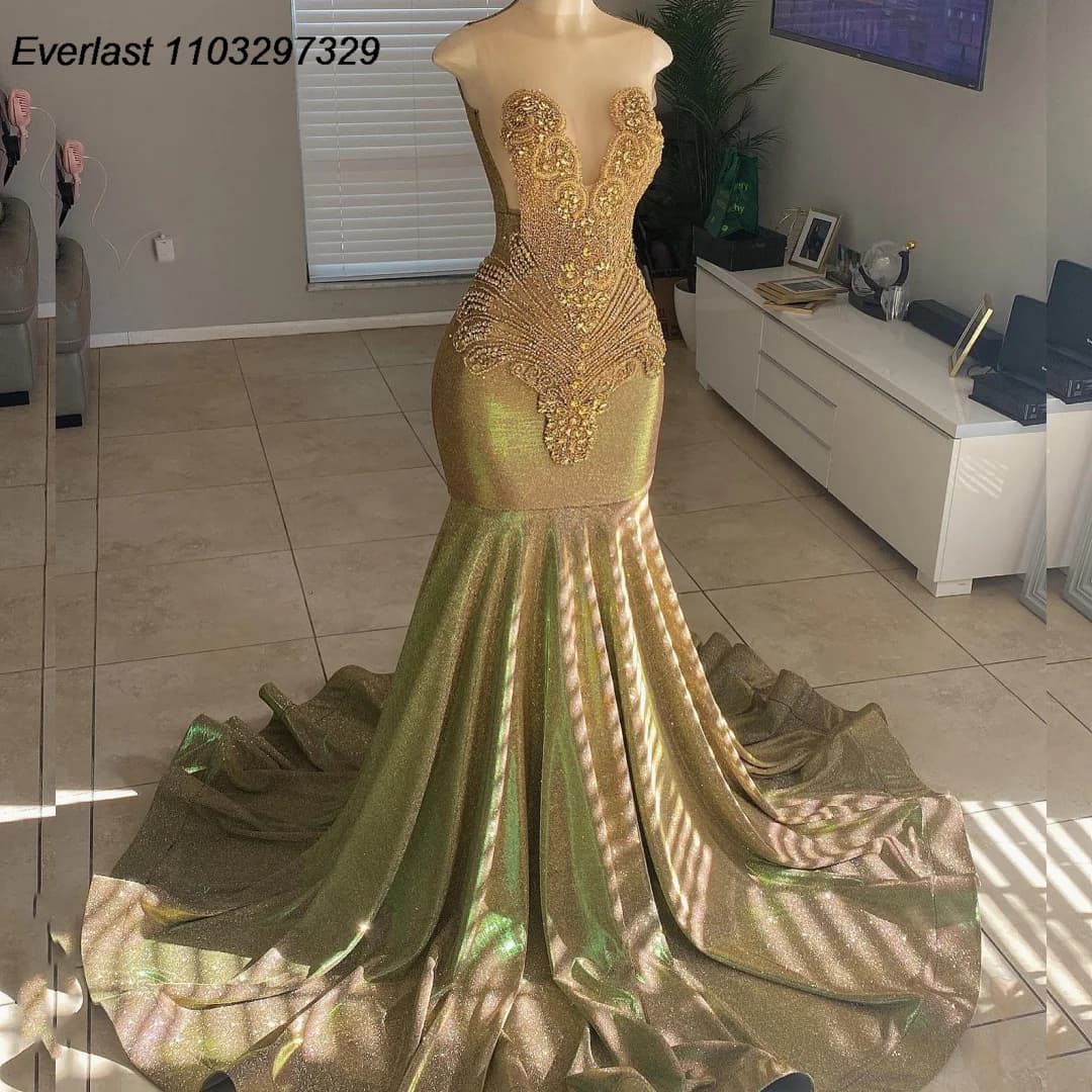 EVLAST Customized Gold Rhinestone Velvet Prom Dress For Black Girls 2024 Mermaid Diamond Crystals Beaded Party Gala Gown TPD115