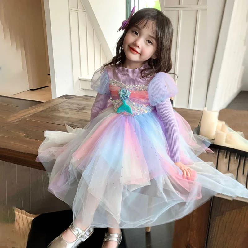 Girls Autumn and Winter Velvet Padded Dress New Girl Dress Children Rainbow Skirt Baby Fluffy Skirt