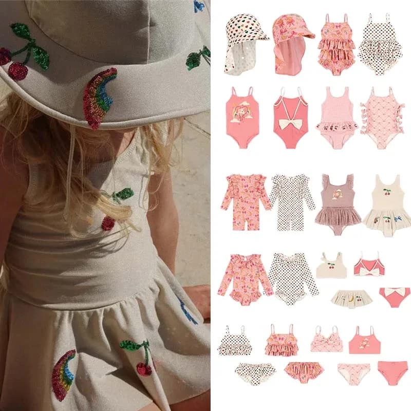 2025 KS Baby Girls Swimming Suit Wear Kids Clothes Girls Holiday Swimwears Bikini One Piece Cap Sister Brother Matching 18M-9Y