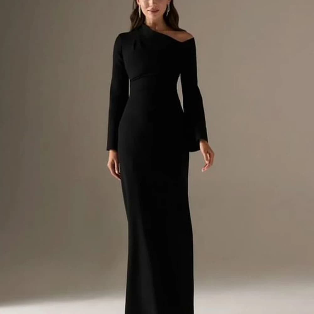 CustomizedCustomized Formal One Shoulder Solid Color Jersey Evening Dresses Straight Long Sleeves Floor Length Plus Size Party