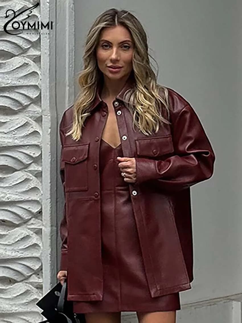 Oymimi Fashion Wine Red Pu Leather Women's Two Pieces Set Elegant Long Sleeve Button Shirts And Spaghetti Strap Mini Dress Sets