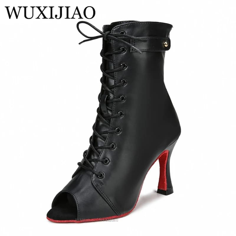 Black high top Latin shoes dance shoes women's jazz boots high heels indoor soft soles modern steel pipe dance shoes lace up