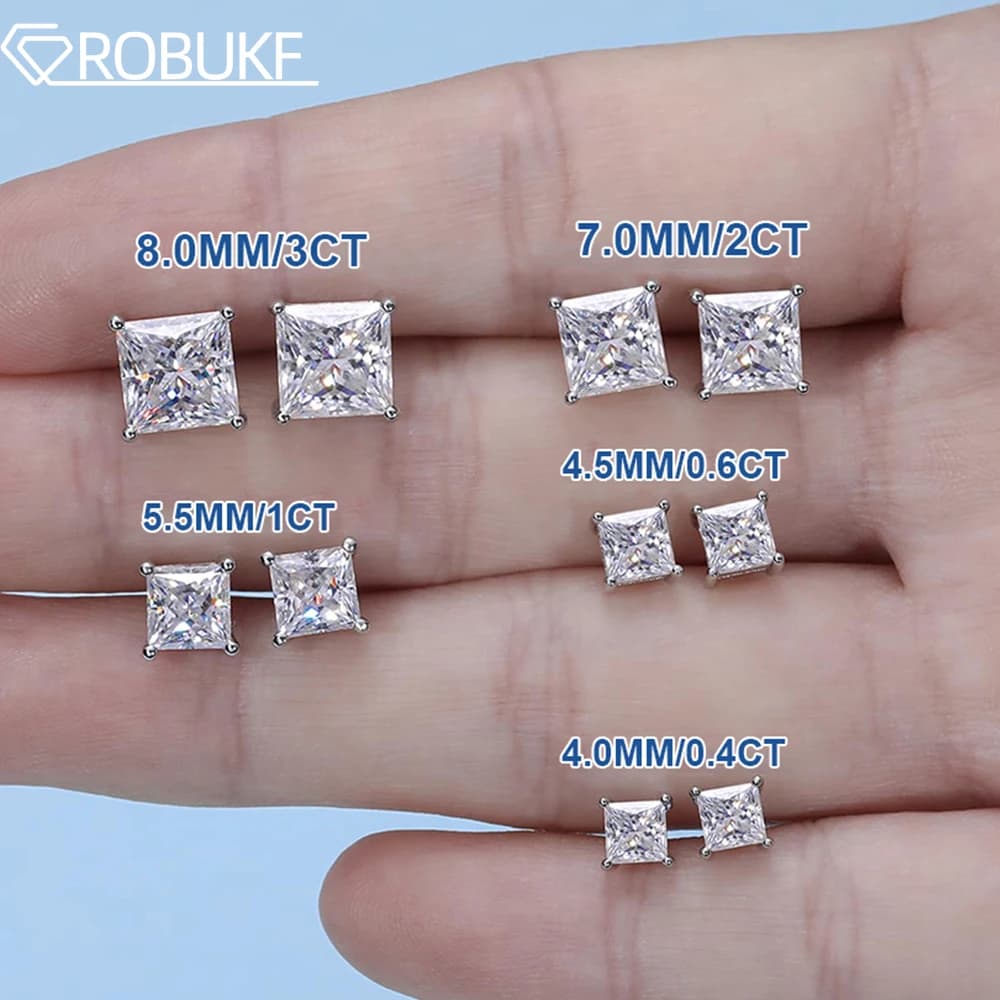 0.4-2CT Princess Cut Moissanite Stud Earrings for Women Men Sparkling Diamond 925 Sterling Silver Wedding Jewelry Earring Gifts