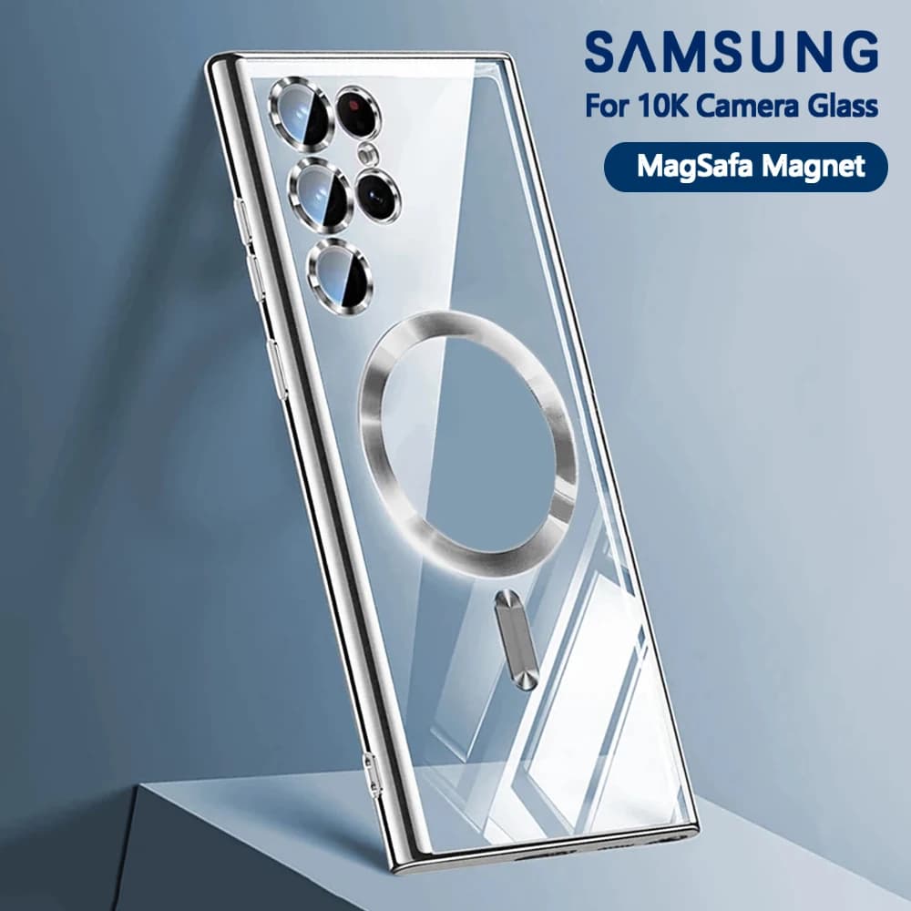 Wireless Magnetic Plating Cover For Magsafe Case Samsung Galaxy S24 S23 Fe S22 Ultra S21 Plus Clear Silicone 10K Lens Protective