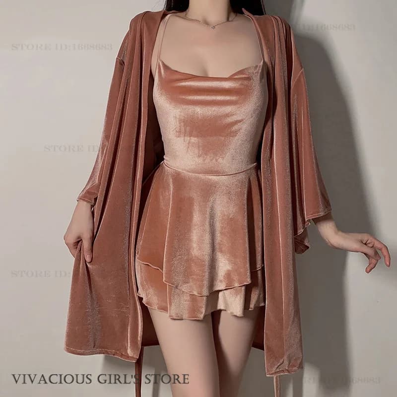 Female Velvet 2PCS Robe Set Kimono Bathrobe Gown Sexy Backless Suspender Nightgown Lingerie Autumn Winter Sleepwear Home Dress
