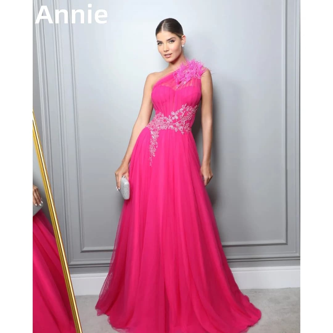 Annie Hot Pink Prom Dresses Feather Embroidery Evening Dresses One Shoulder Of Tulle Ladies Wedding Party Dresses Customized