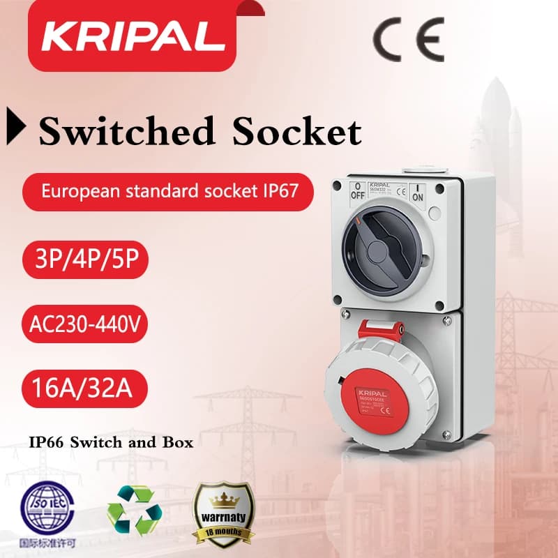 Kripal IP67 Waterproof CEE Socket 32a 3pin Outlet Socket On-Off Combination Switched Socket European standard