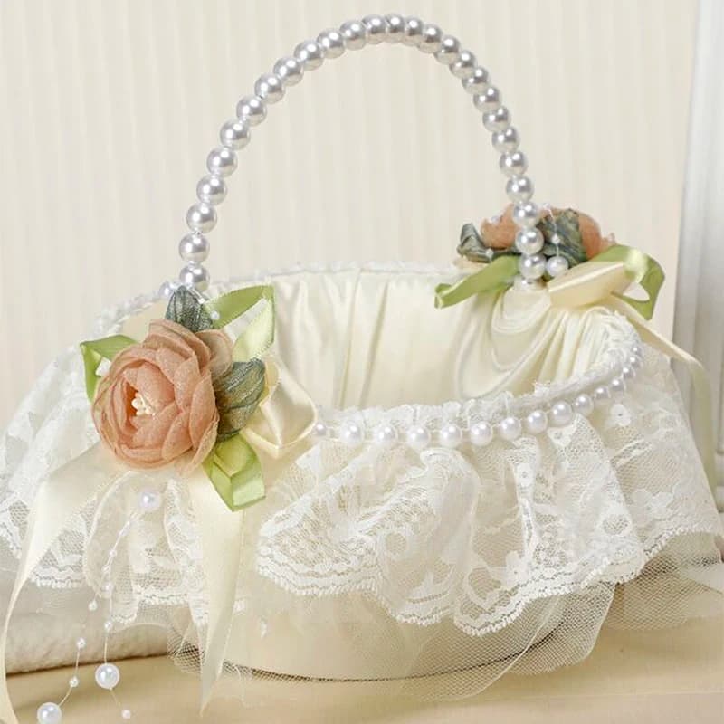 1PC Wedding Flower Boy Bridesmaid Flower Basket Lace Rose Pearl Basket Satin Flower Basket for Wedding Ceremony Church