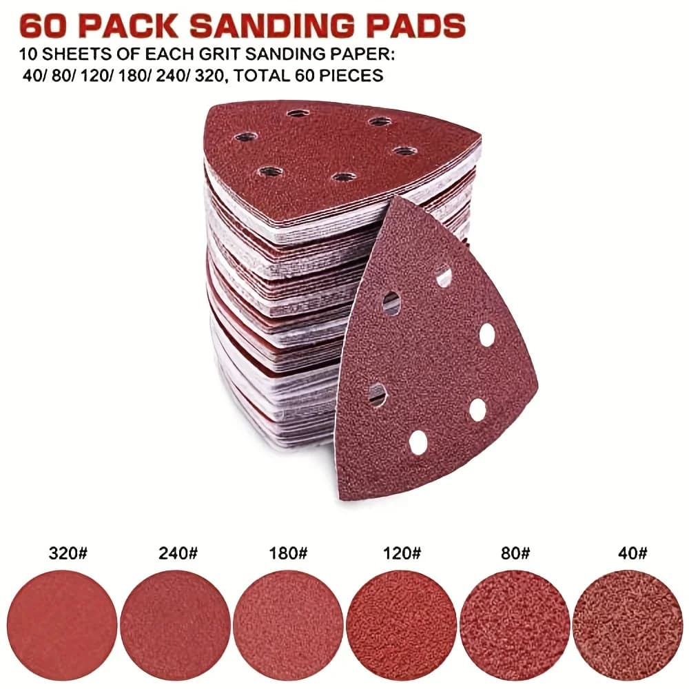 60pcs Premium Triangle Sanding Pads - 6 Holes, 40/80/120/180/240/320 Grits - Sander Sandpaper Sanding Paper Assorted Sanding Pad