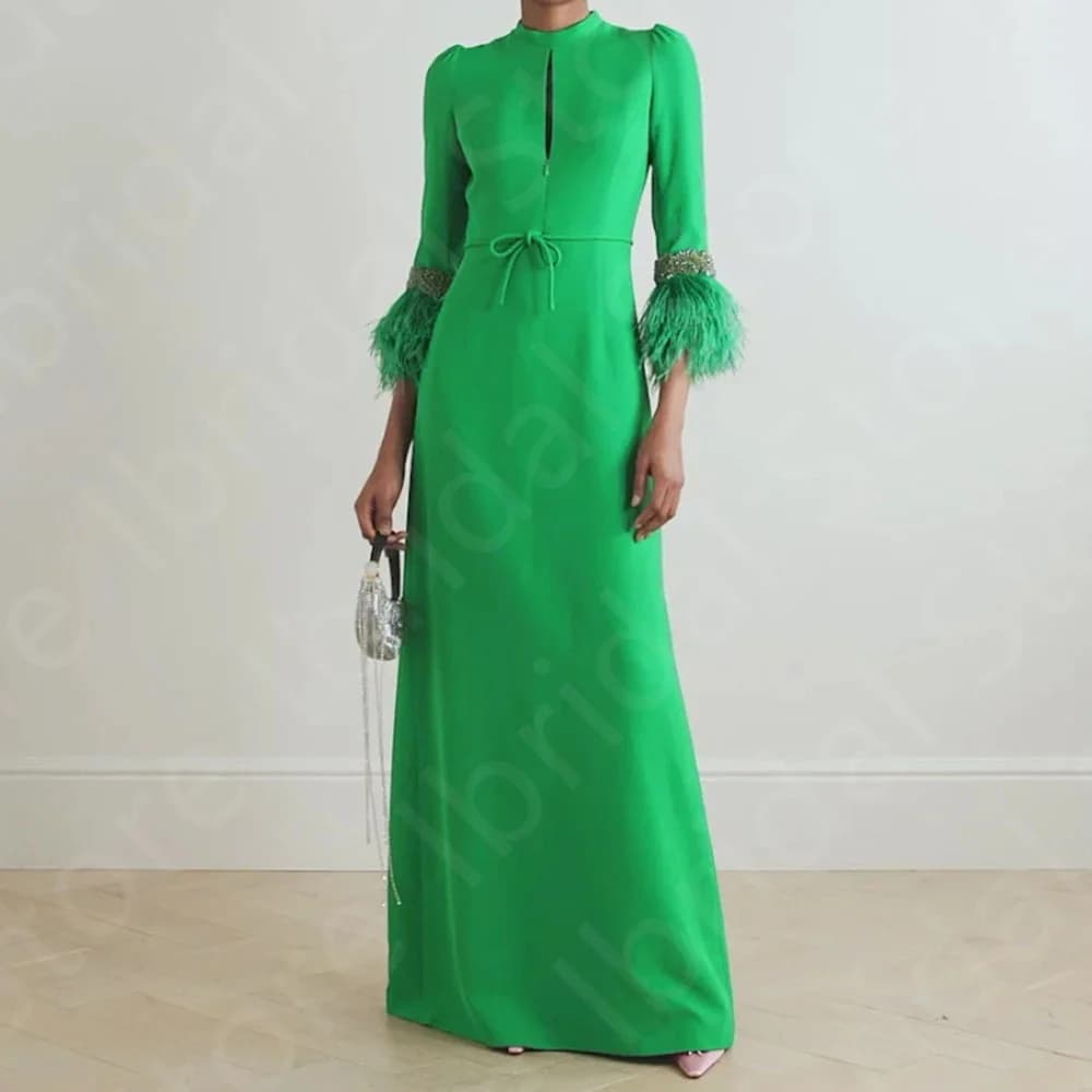 Customized Vintage Green Evening Dresses Arabic 2025 Prom Gowns Feathers 3/4 Sleeves Wedding Guest Dresses High Neck Beaded