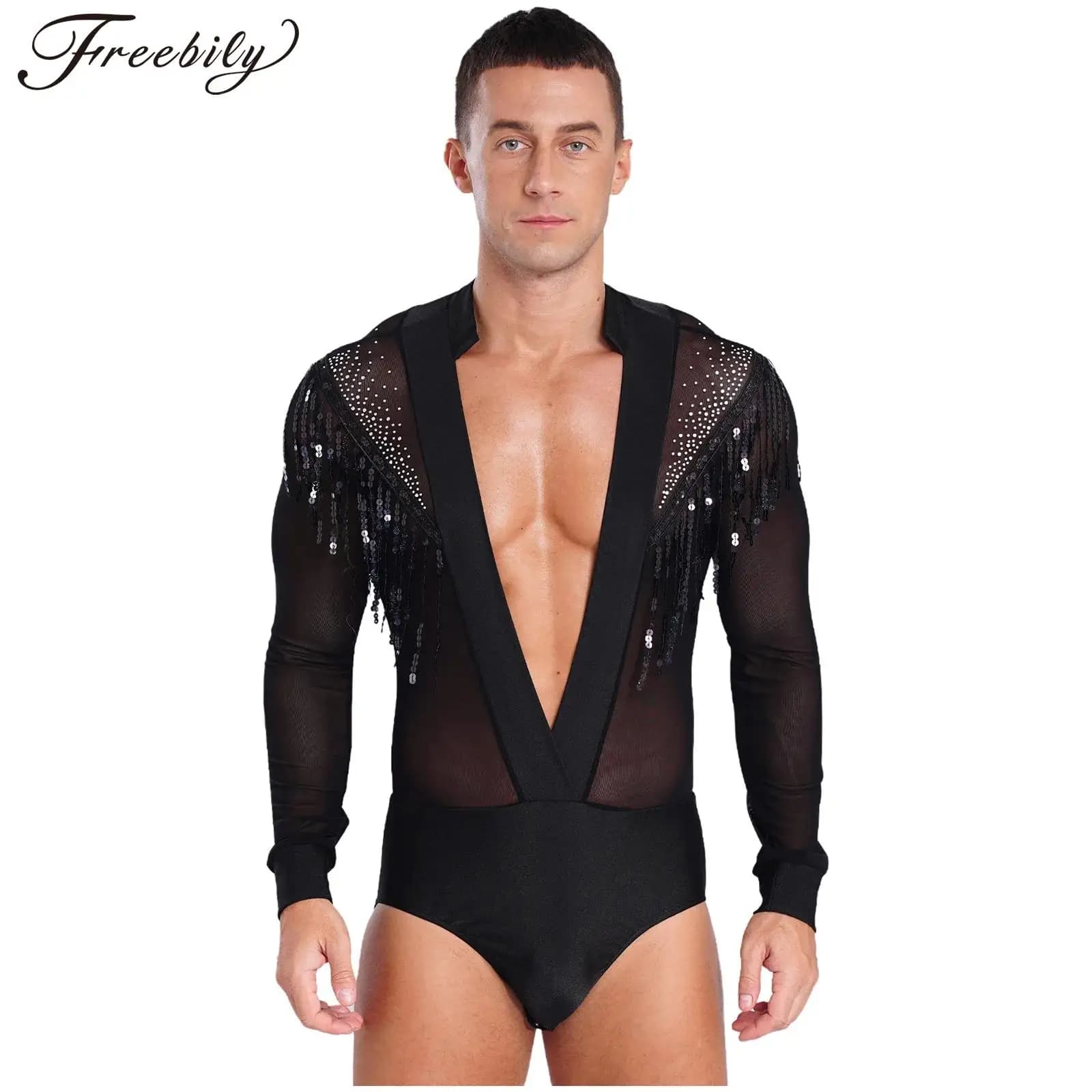 Men's V Neck Latin Modern Dance Leotard Shiny Rhinestone Jazz Rumba Chacha Ballroom Shirts Bodysuits Samba Salsa Tango Jumpsuit