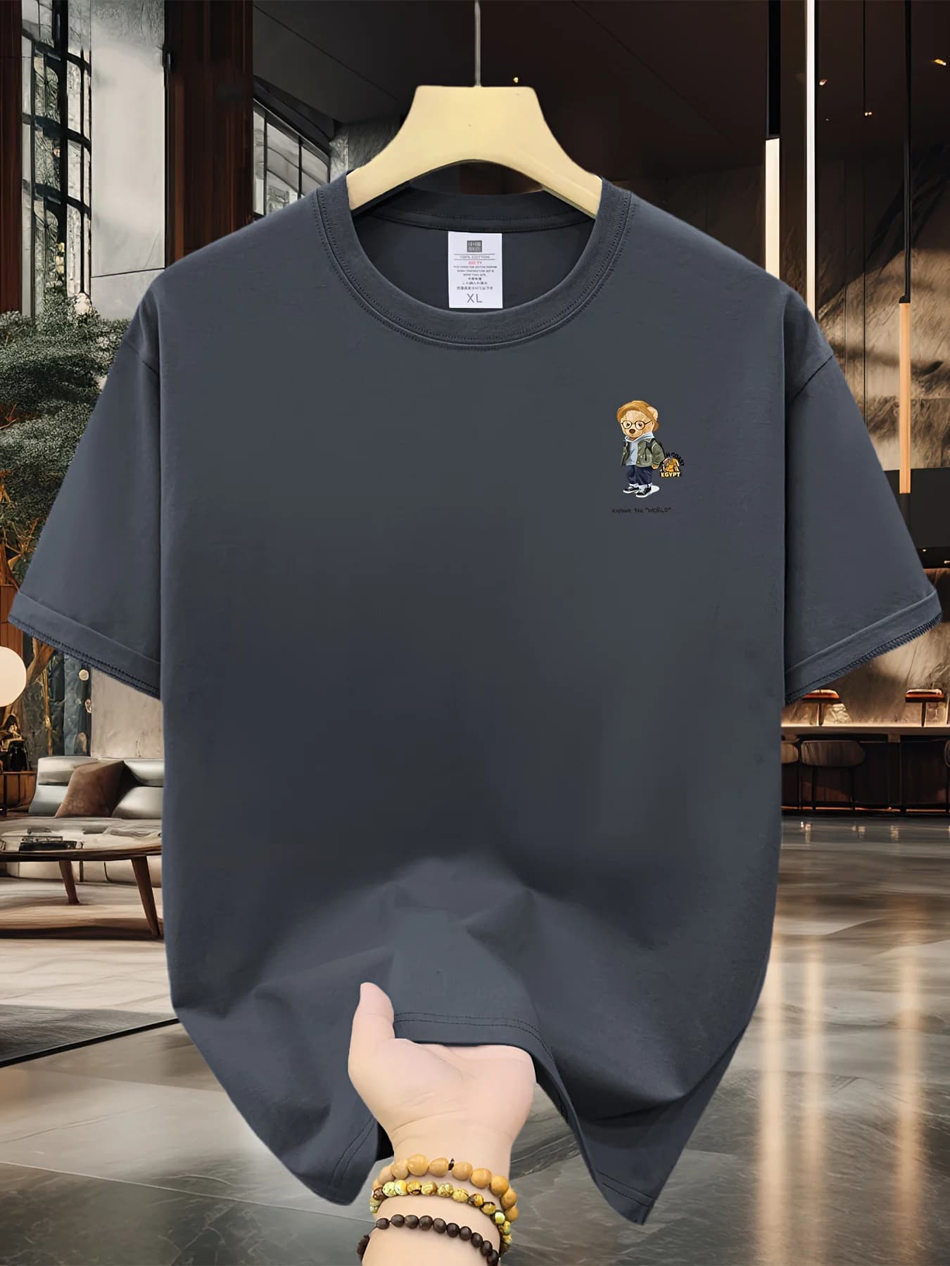 Men's 100% pure cotton summer loose size cartoon pattern printed casual and comfortable round neck short sleeved T-shirt top