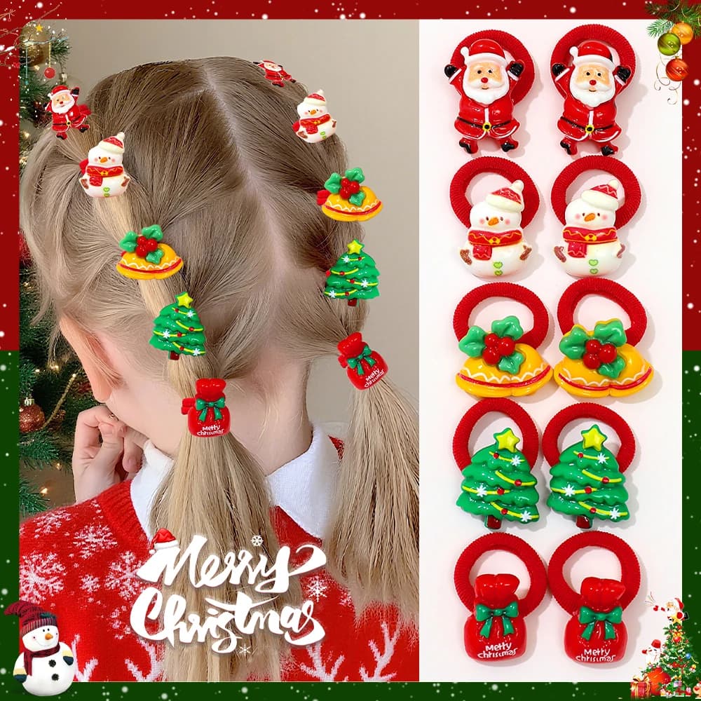 10-Pack Cute Christmas Hair Ties for Girls - Santa Christmas Tree Snowman Design Ideal Christmas New Year Gift for Girls