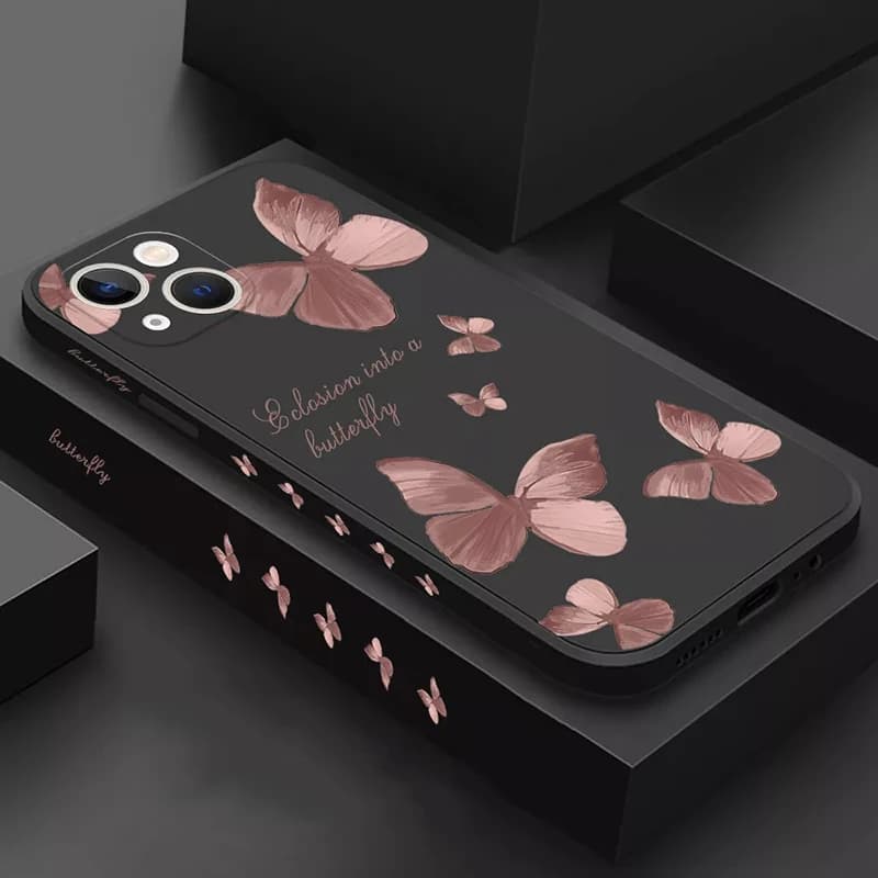 Retro Butterfly Flowers Square Silicone Case for iPhone 11 12 13 14 15 Pro Max XR X 7 8 Plus SE 2020 Shockproof Matte Soft Cover