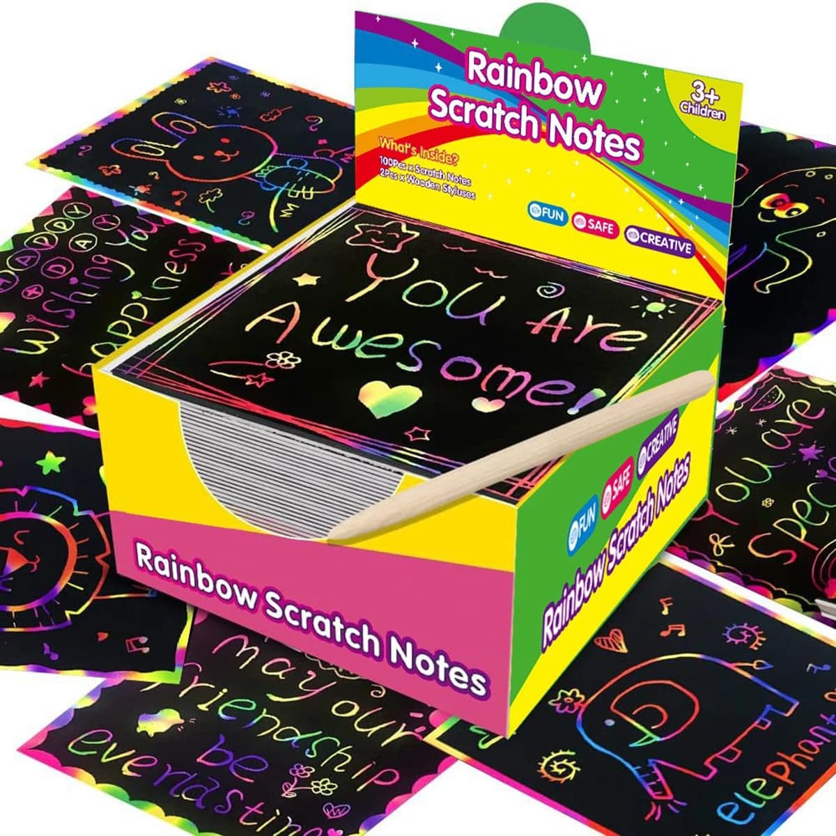 100pcs Scratch Paper Art Set Scratch Off Rainbow Magic Paper with 2 Bamboo Stylus Black Scratch Notes Xmas Birthday Gift Card