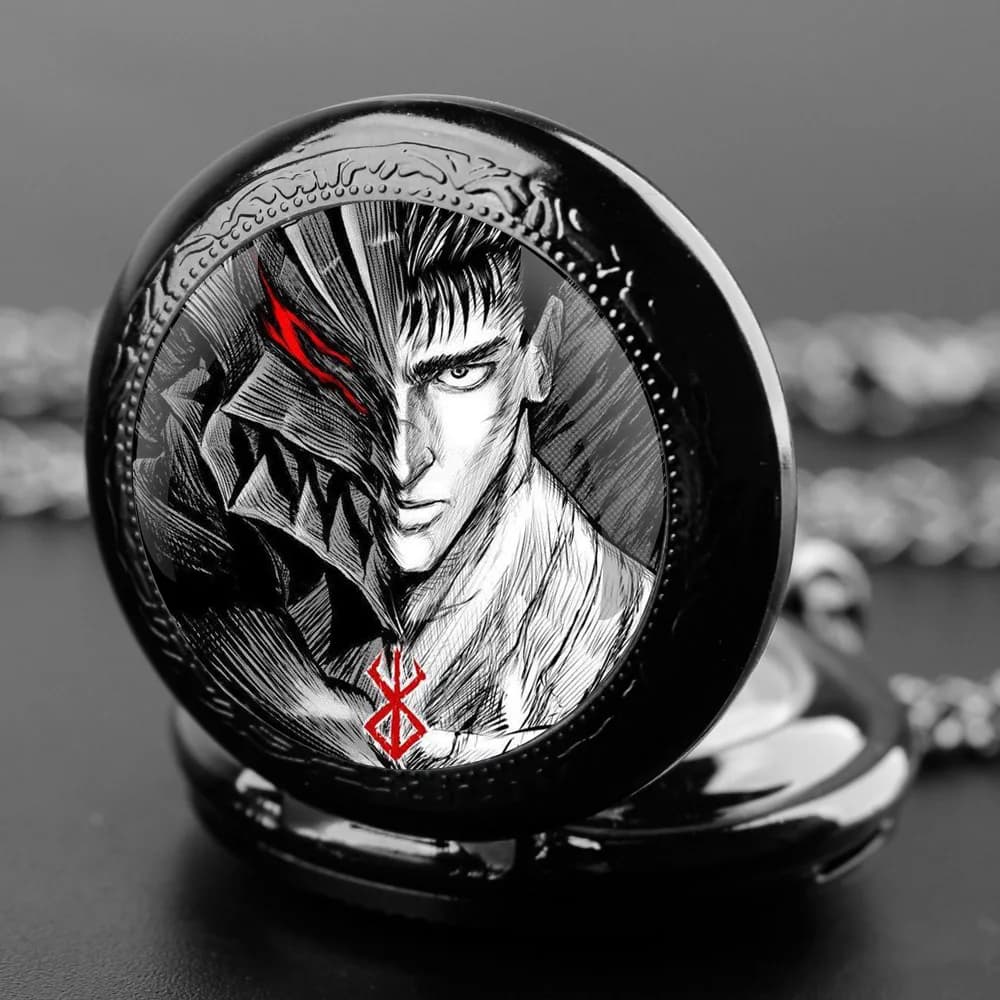 Anime Berserk Glass Dome Vintage Arabic Numerals Quartz Pocket Watch Necklace Pendant Clock Chain Men Women Anime Fans