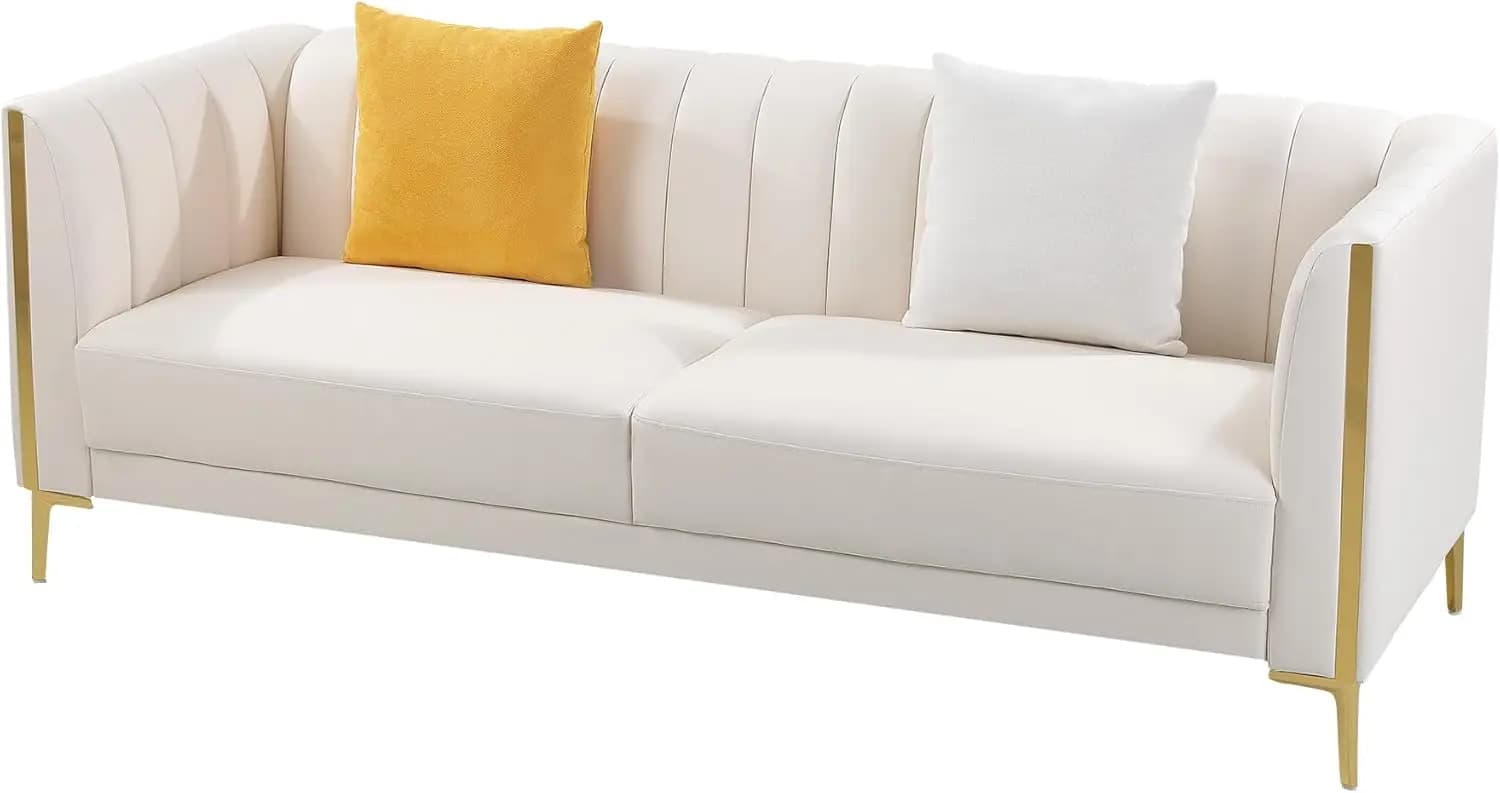 78'' Sofa, Modern White Couches for Living Room, Comfy, Faux Leather Sofa 3 Seater Sofa with 2 Throw Pillows and Gold Me