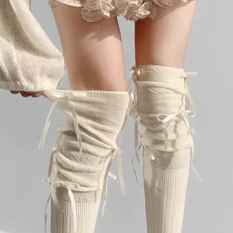 Lolita Long Socks Women Bandage Ribbon Bow Sweet Girls Kawaii Sexy Middle Tube Socks Ballet Style Solid Color Black White Socks