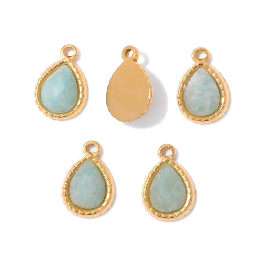 5pcs/lot Stainless Steel Stone Pendant 9x11mm Water Drop Natural Amazonite Quartz Beads Charms Pendants for DIY Jewelry Making
