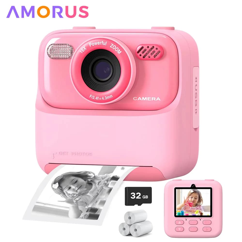 AMORUS Kids Camera Instant 1080P HD Dual Lens Selfie Digital Camera for Girls Boys Christmas Birthday Gifts Toys With 32G Print