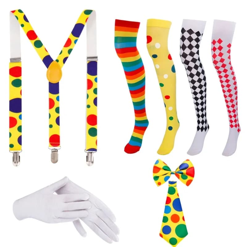 Adult Women Girls Halloween Costumes Clown Cosplay Accessories Stockings Socks Bow Tie Gloves Strap Clown Rainbow Color Print
