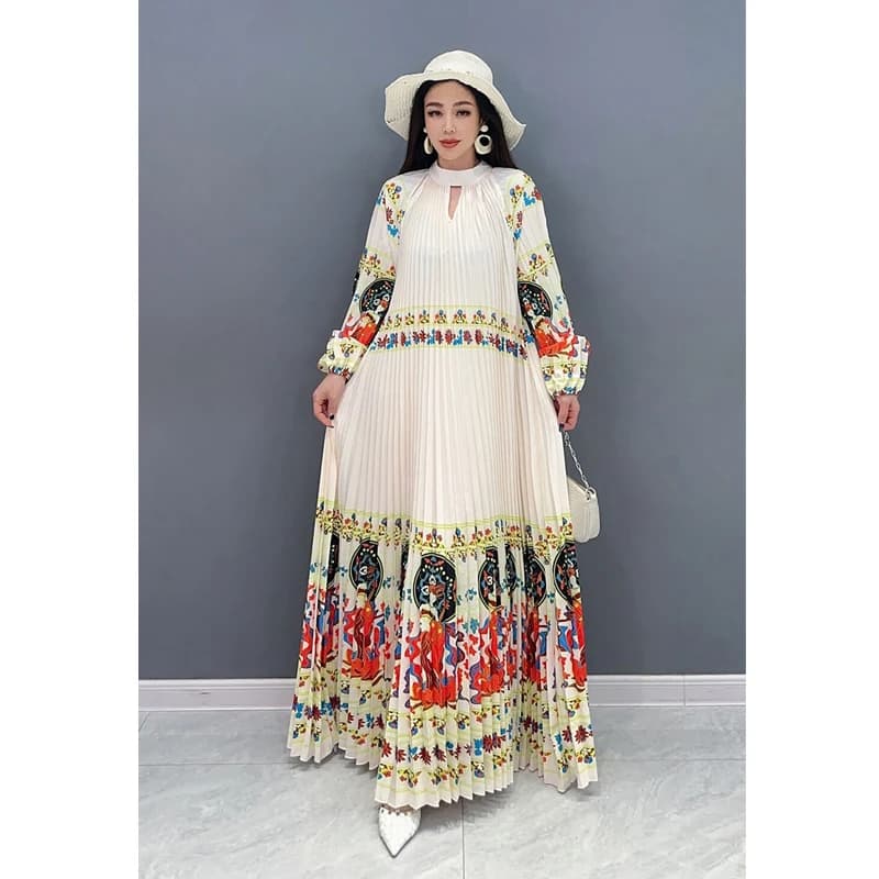 2024 spring/summer new pleated dress long sleeve printed long skirt gorgeous elegant fashion loose large size women robe ete