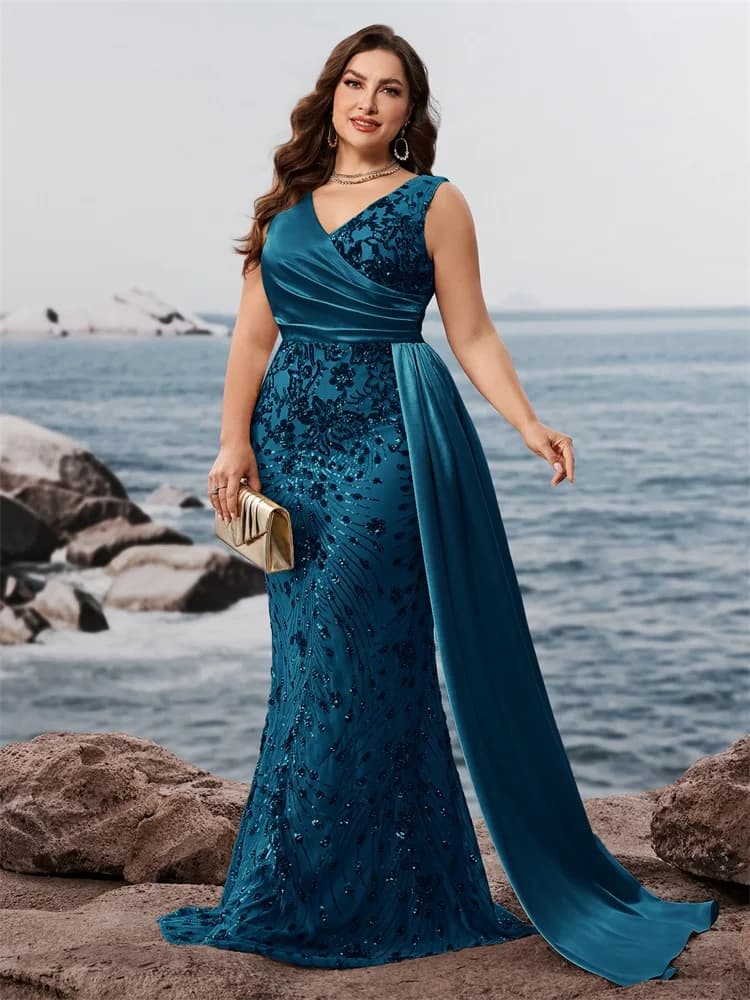 Lucyinlove Plus Size Elegant V-neck Splice Sequins Evening Dress Sleeveless Mermaid Formal Luxury Party Streamer Cocktail Gown