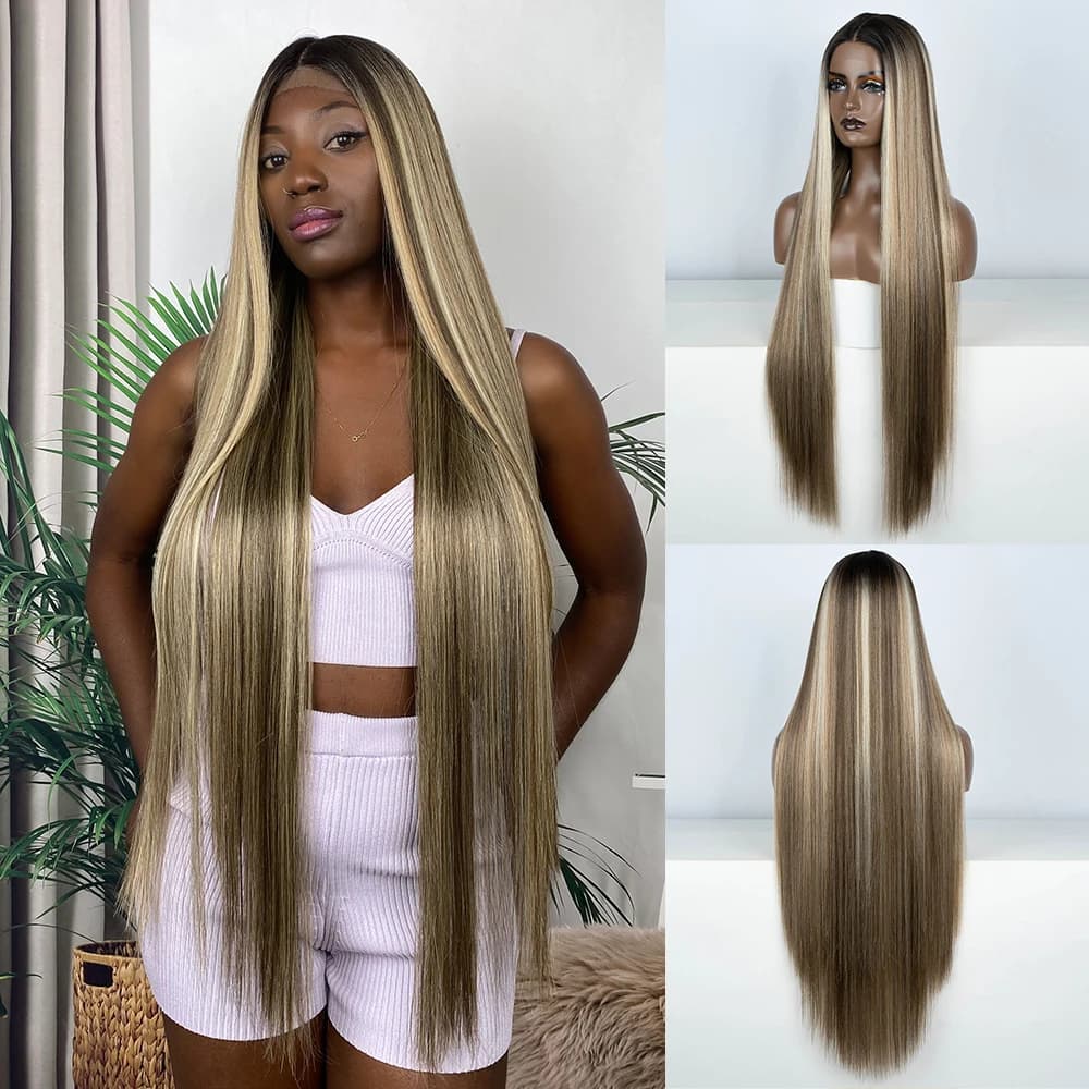 Synthetic Lace Front Wigs Highlight Brwon Blonde Black Wig For Women Long Straight Lace WIg 38Inch Synthetic Heat Resistant Wig