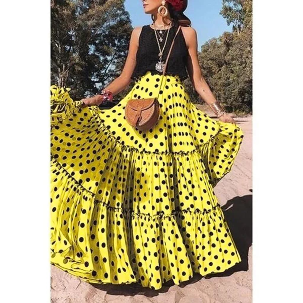 Women Fashion High Waist Polka Dot Printed Swing Boho Skirt Summer New Elegant Loose Ruffled Pleated Skirt Female Beach Skirts
