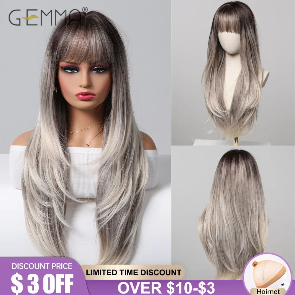 Long Straight Ombre Brown Gray Blonde Wig Layered Synthetic Wig with Bangs Cosplay Daily Use Hair Wigs for Women Heat Resistant