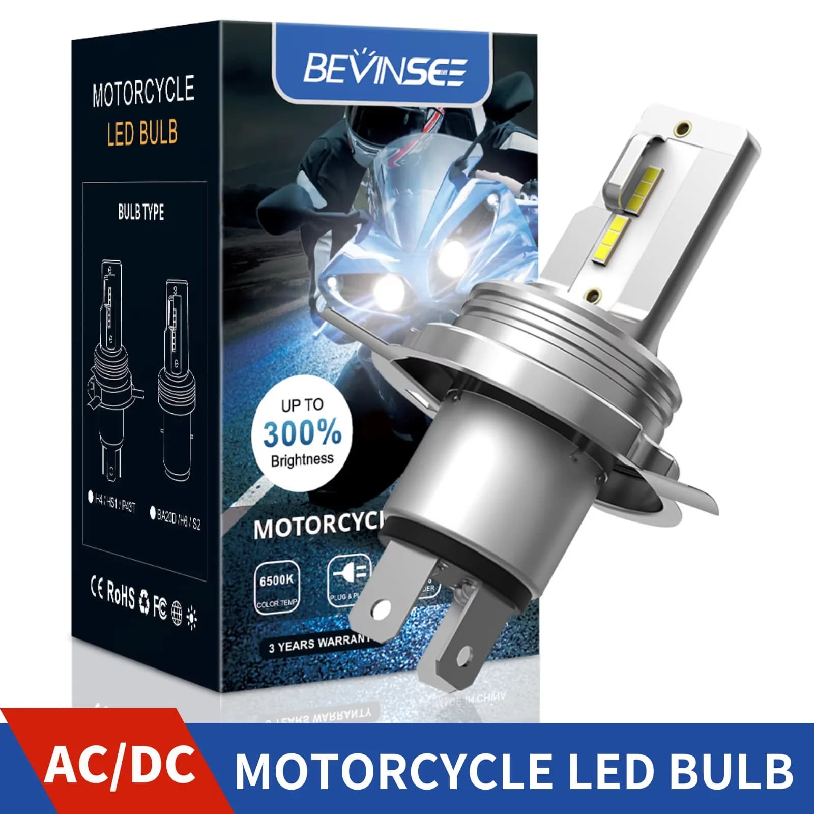 BEVINSEE H4 BA20D LED Headlight For Motorcycle Fanless Non-Polarity H4 9003 LED High and Low Beam Motorcycle Lights AC/DC 12-24V