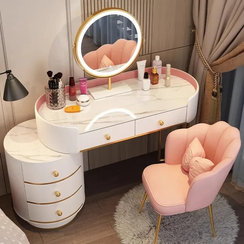 Pink White Vanity Table Women Luxury Nail European Big Stool Study Dressing Table Organizer Mesa De Maquillaje Home Furniture