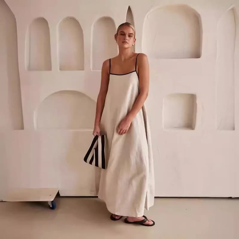 Fashion Contrasting Color Cotton Camisole Dress Spring and Summer Women Simple Loose Ventilate Large Hem Vacation Leisure Dress