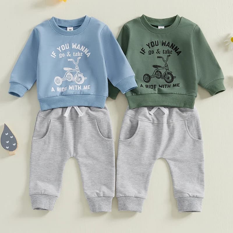 Toddler Boys Fall Outfits Letter Bike Pattern Long Sleeve Crew Neck Sweatshirts with Solid Pants Tops and Bottoms Infant Sets
