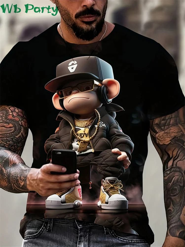 Hip Hop Monkey Pattern Print T-shirts O-Neck Short Sleeve Tee Designer Clothes Men Monkey Print Clothes Men Designer T-shirts